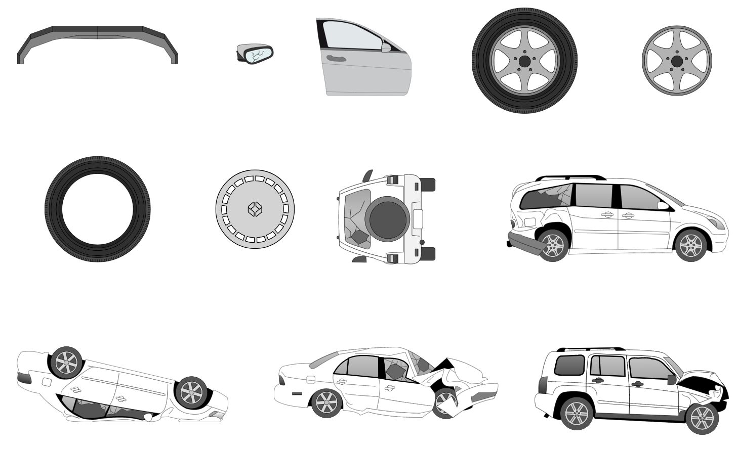 Accident reconstruction car debris symbols