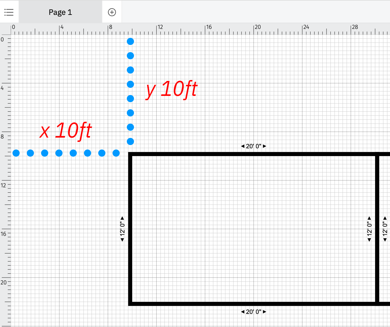 Floor plan showing origin from top left of drawing area