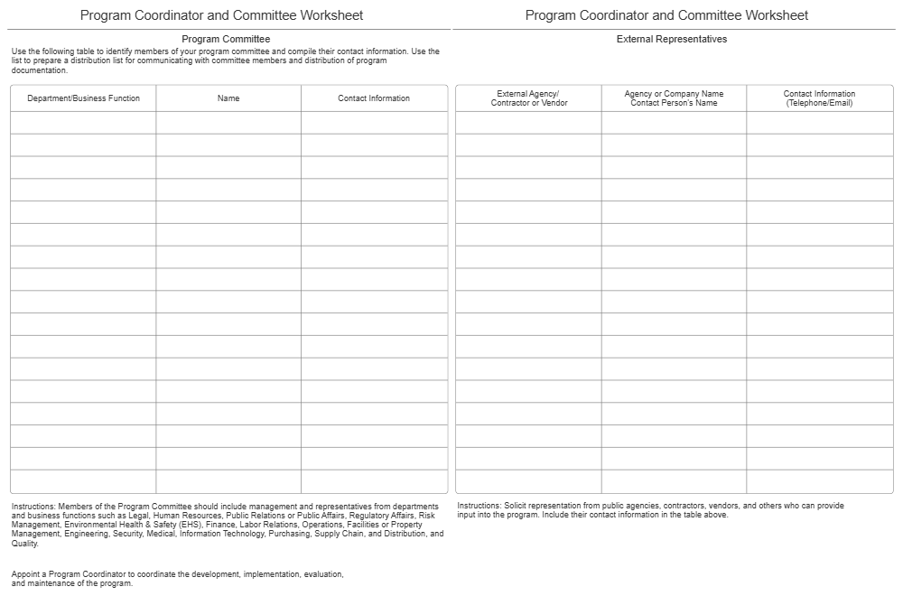 Example Image: Program Coordinator and Committee Worksheet