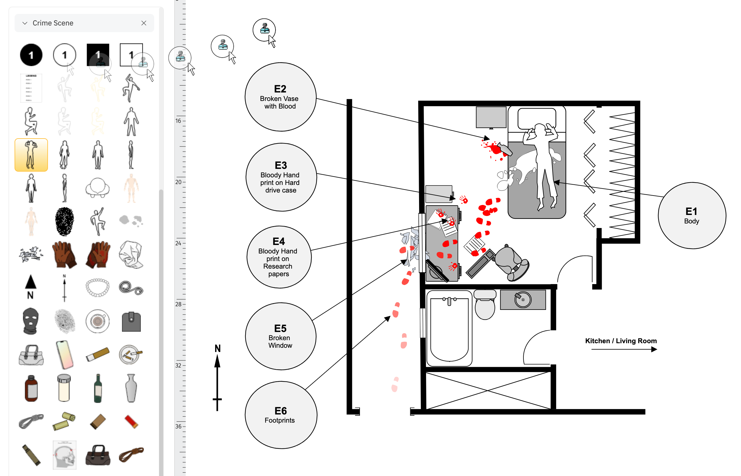 Evidence marker symbols on crime scene diagram