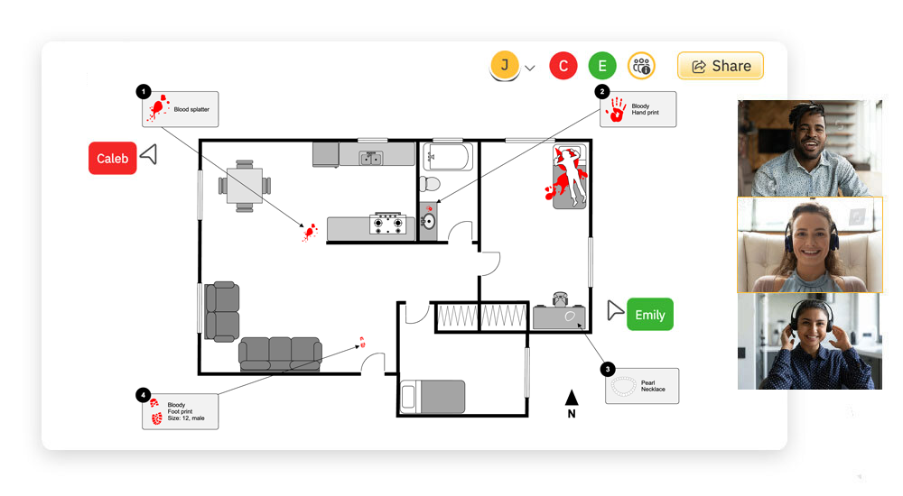 Team collaborating on an crime scene diagram