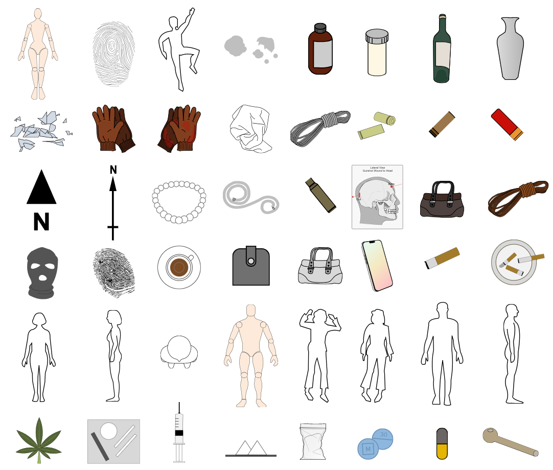 Various crime scene item symbols
