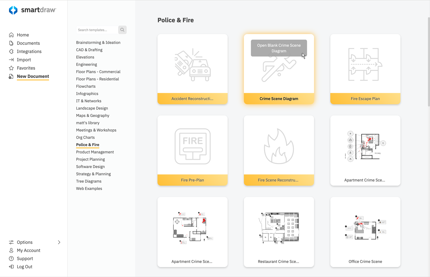 SmartDraw dashboard crime scene templates