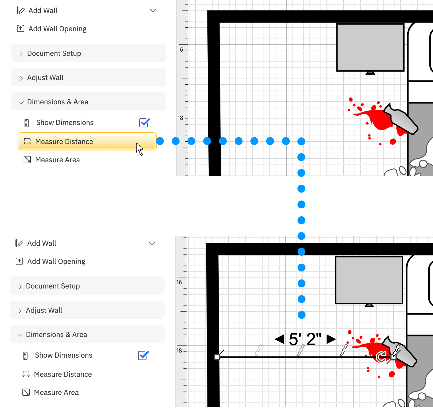 Measure distance with line between walls and objects