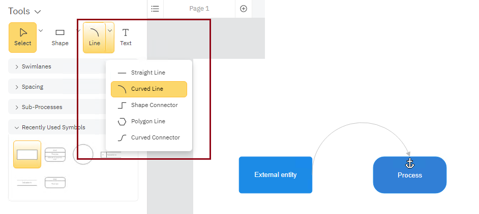 Connect DFD symbols with data flow lines