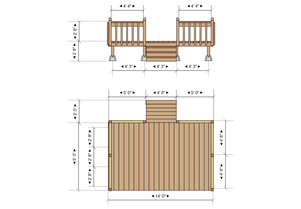 Example Image: Raised Deck Plan with Center Steps and Railings