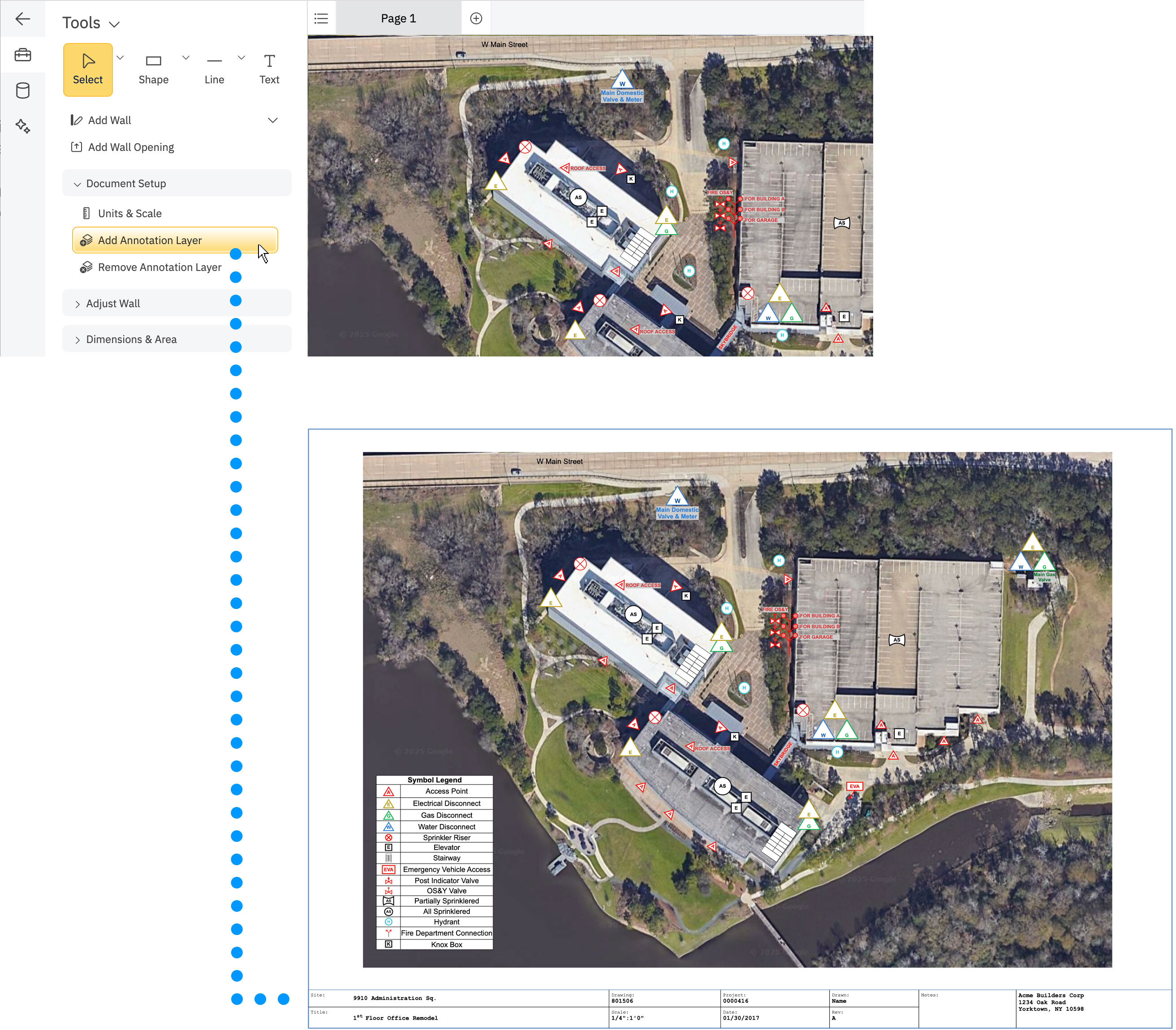 Fire plan annotated with information