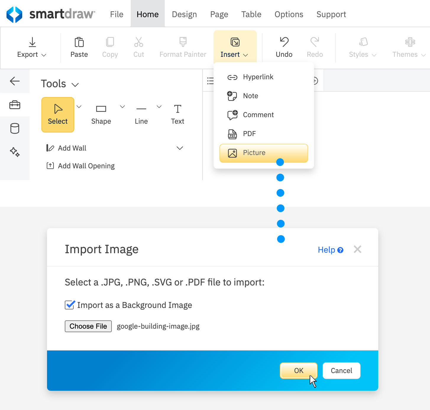 Import PDF or image command