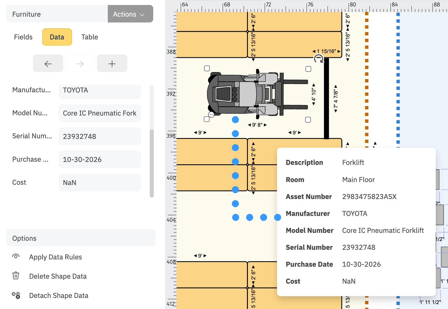 Shape data applied to equipment in facility plan