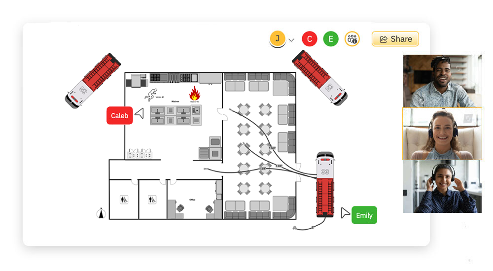 Team collaborating on a fire scene diagram