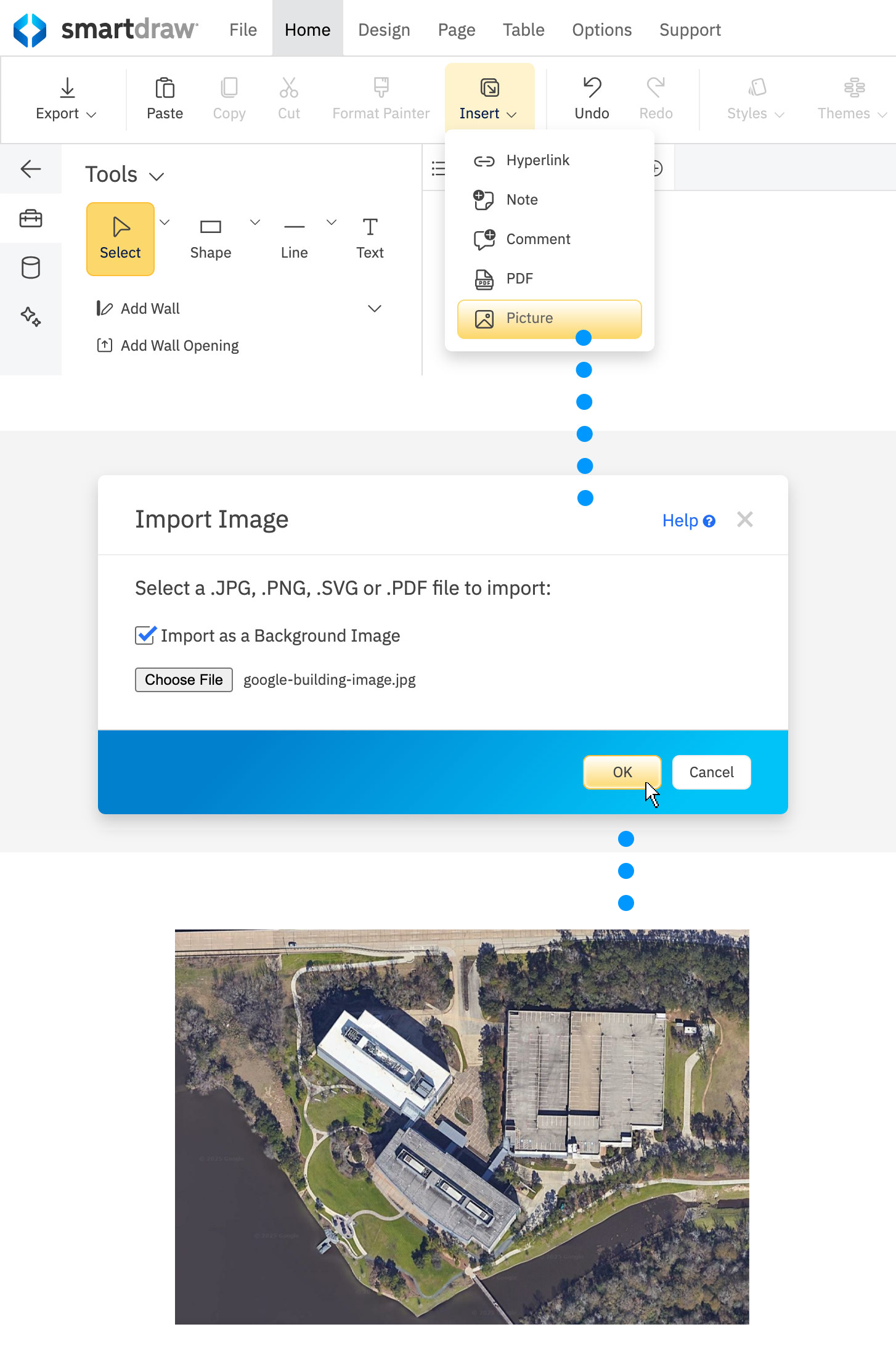 Import a Google Maps satellite image into work area