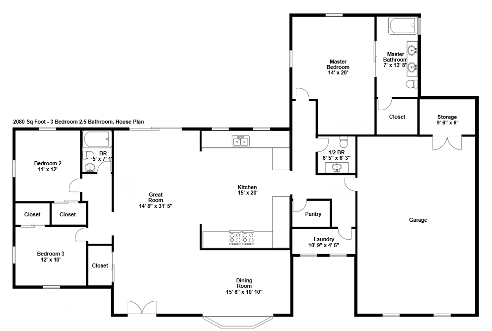 3 bedroom residential home floor plan