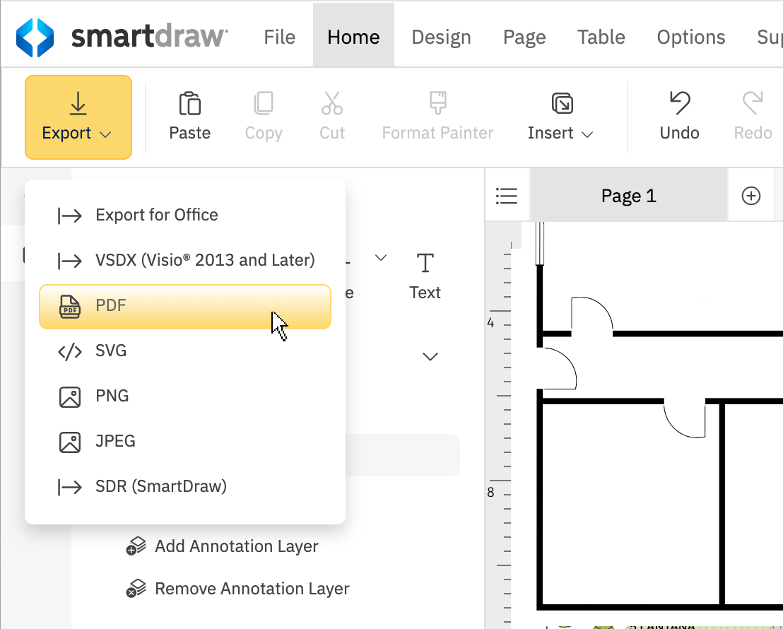 Export options menu