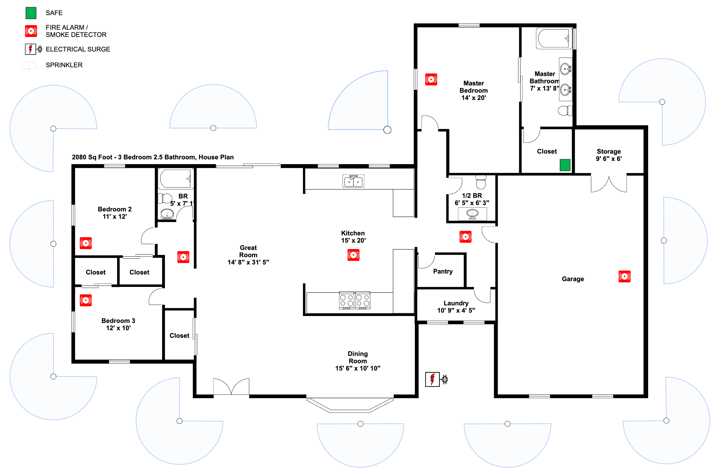 Floor plan with alarm and sprinkler symbols