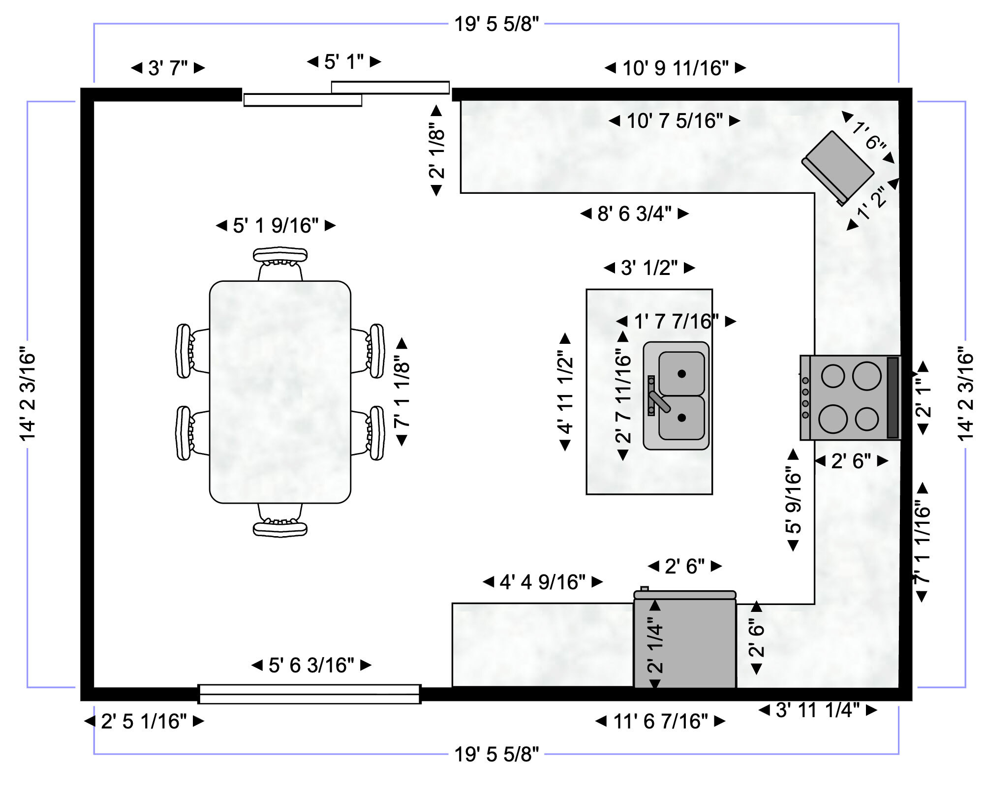 Kitchen design example with dimension lines
