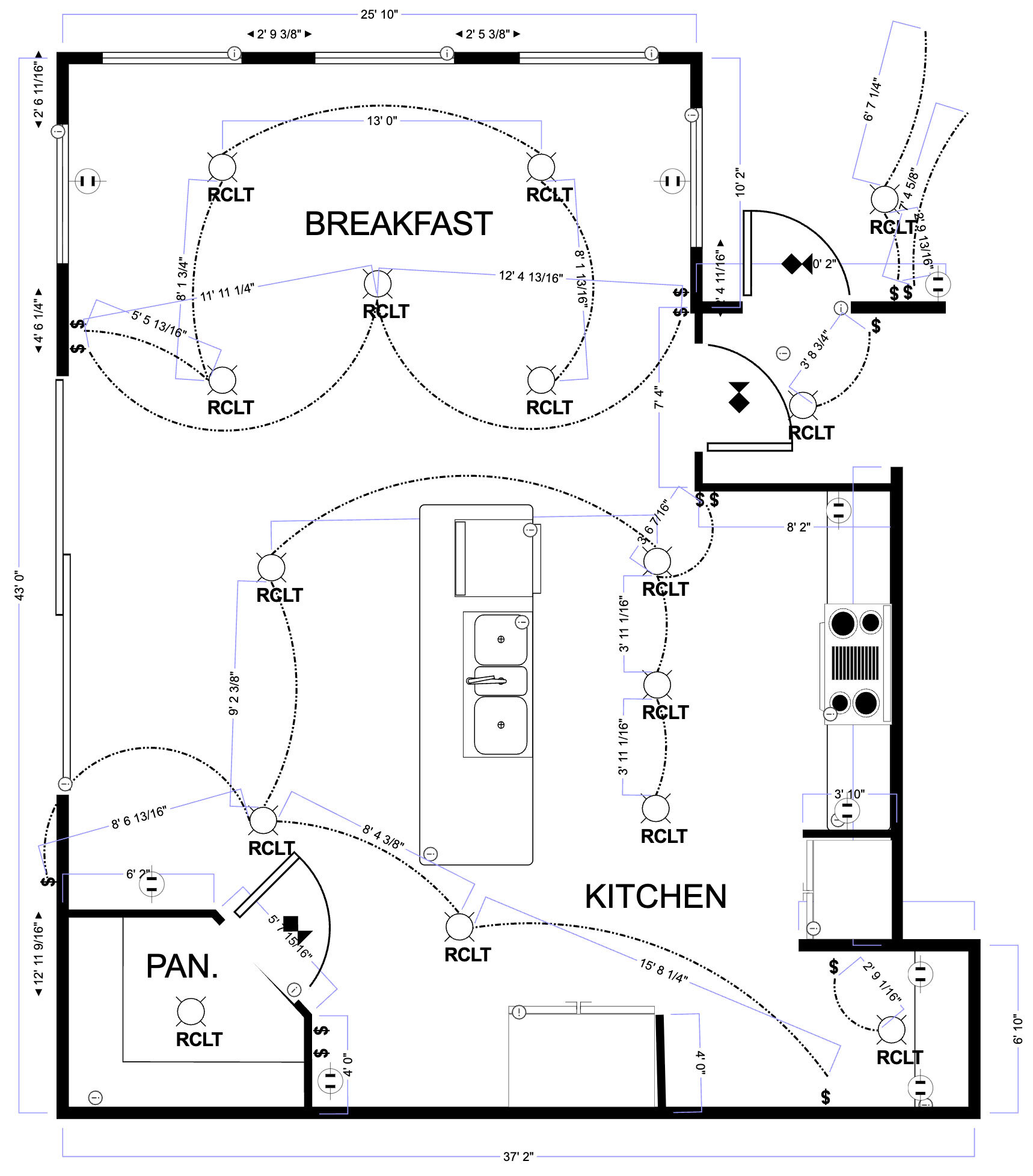 Elevation kitchen plan pointing out lighting elements