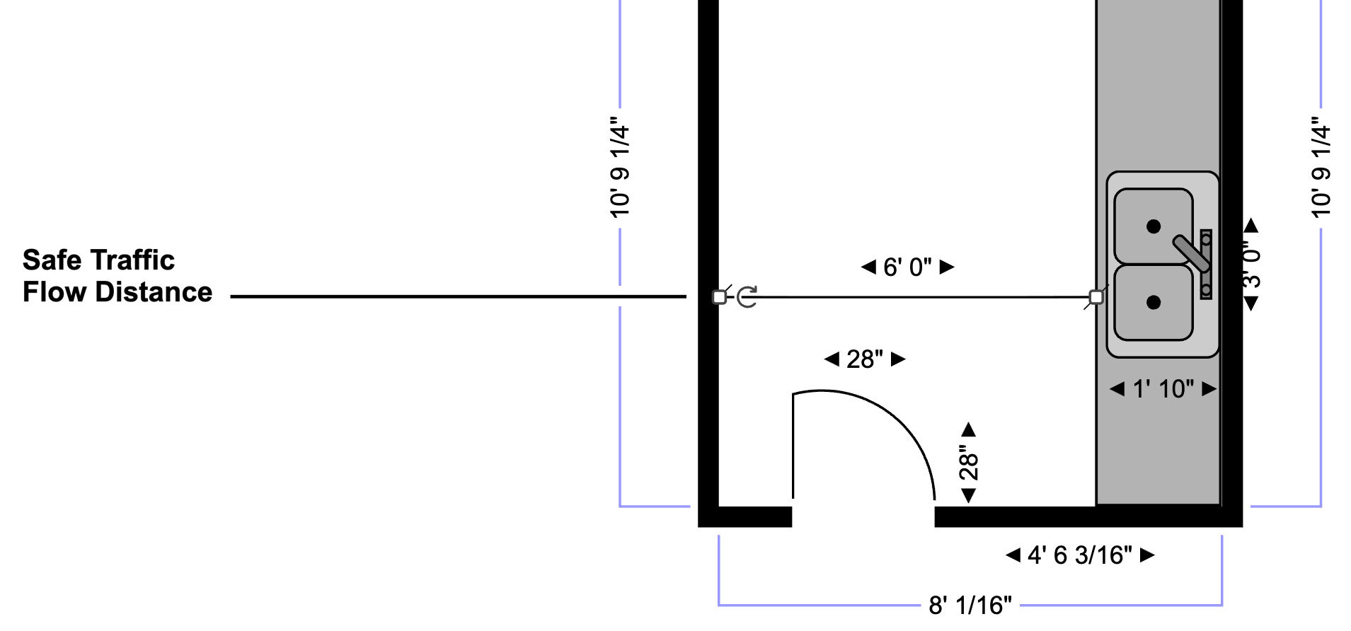 Close-up kitchen design showing dimensions