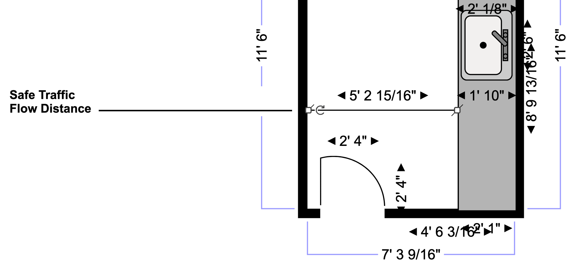 Partial kitchen layout with dimension lines for spacing