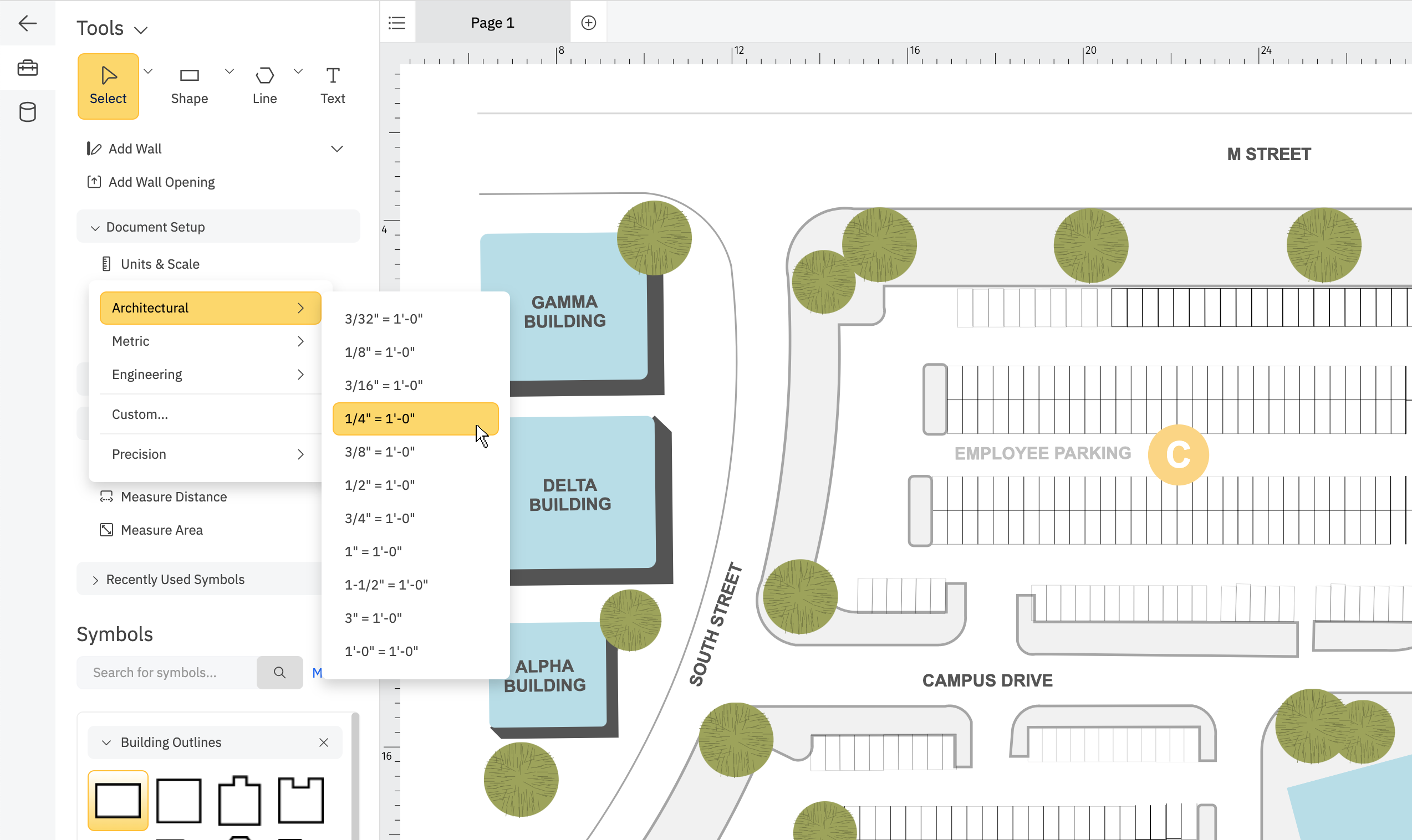 Site plan left panel tools
