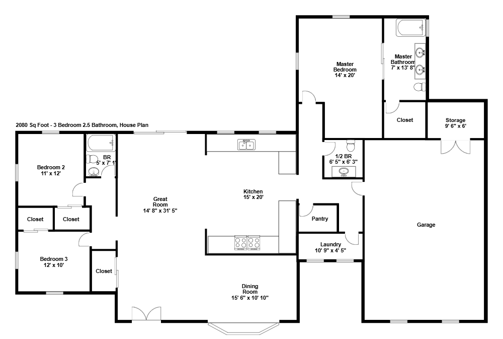 Example Image: 3 Bedroom 2 and a  Half Bath House Floor Plan
