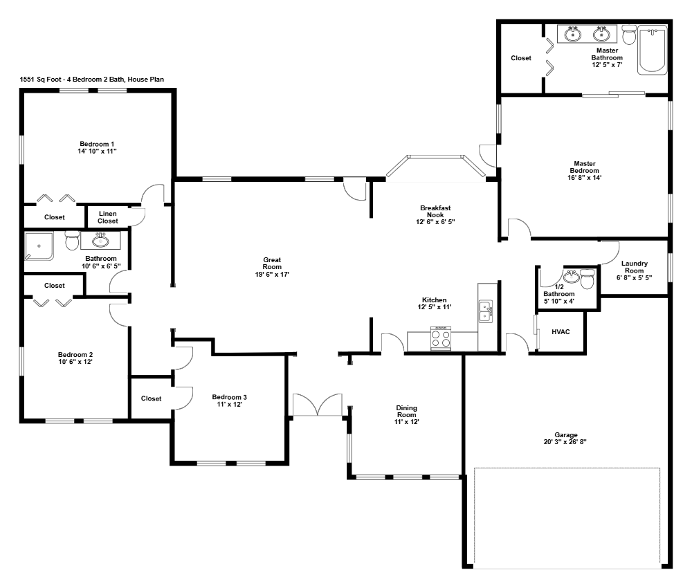 Example Image: 4 Bedroom 2 and a Half Bath House Floor Plan