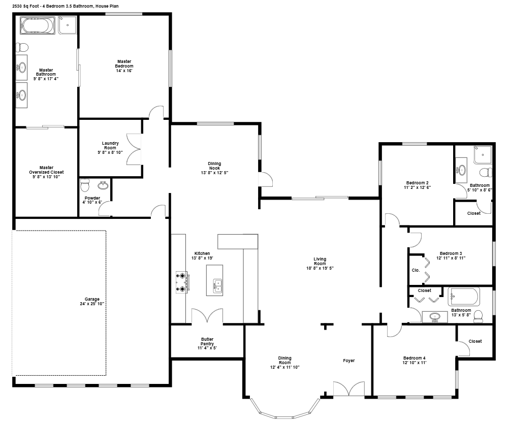 Example Image: 4 Bedroom 3 and a Half Bath House Floor Plan
