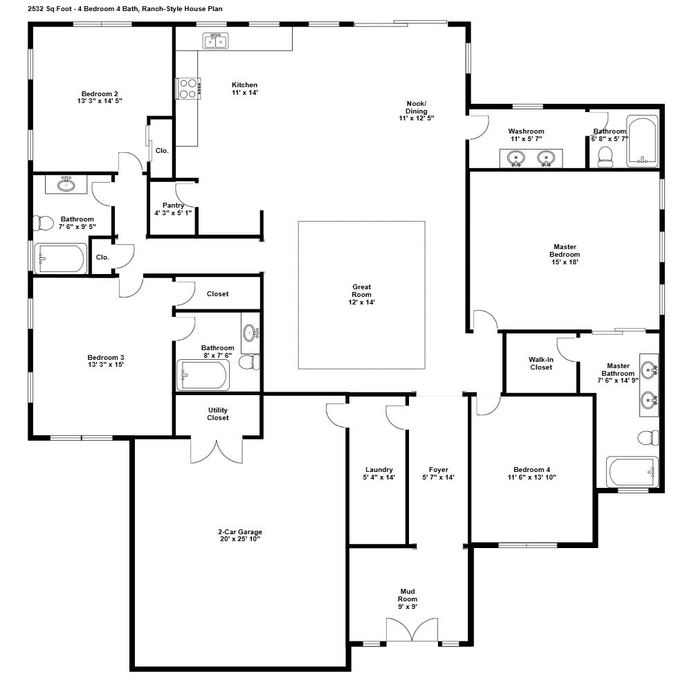 Example Image: 4 Bedroom 4 Bath House Floor Plan