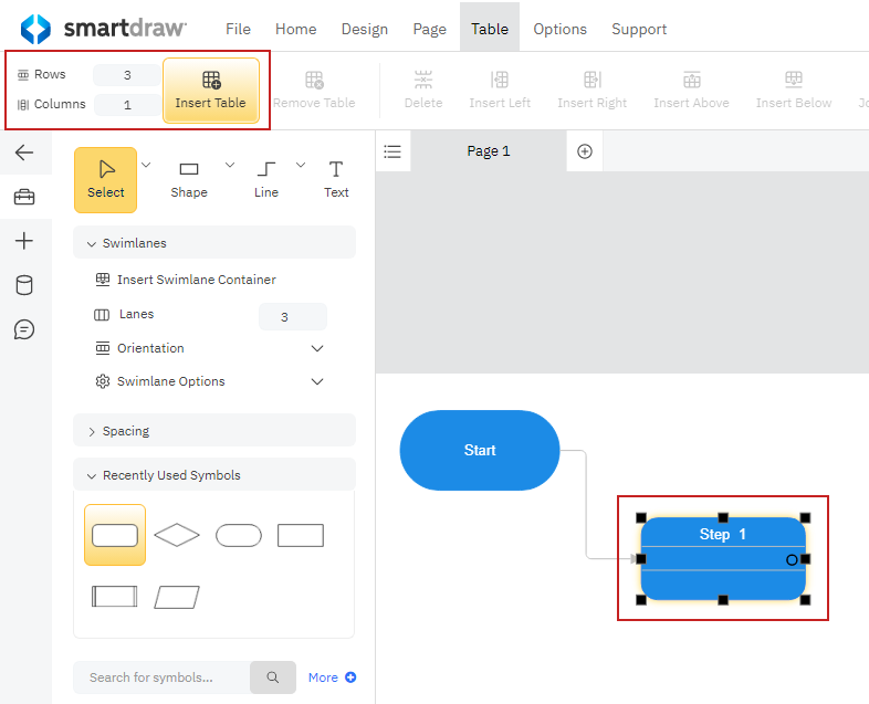 Insert a table into a flowchart symbol