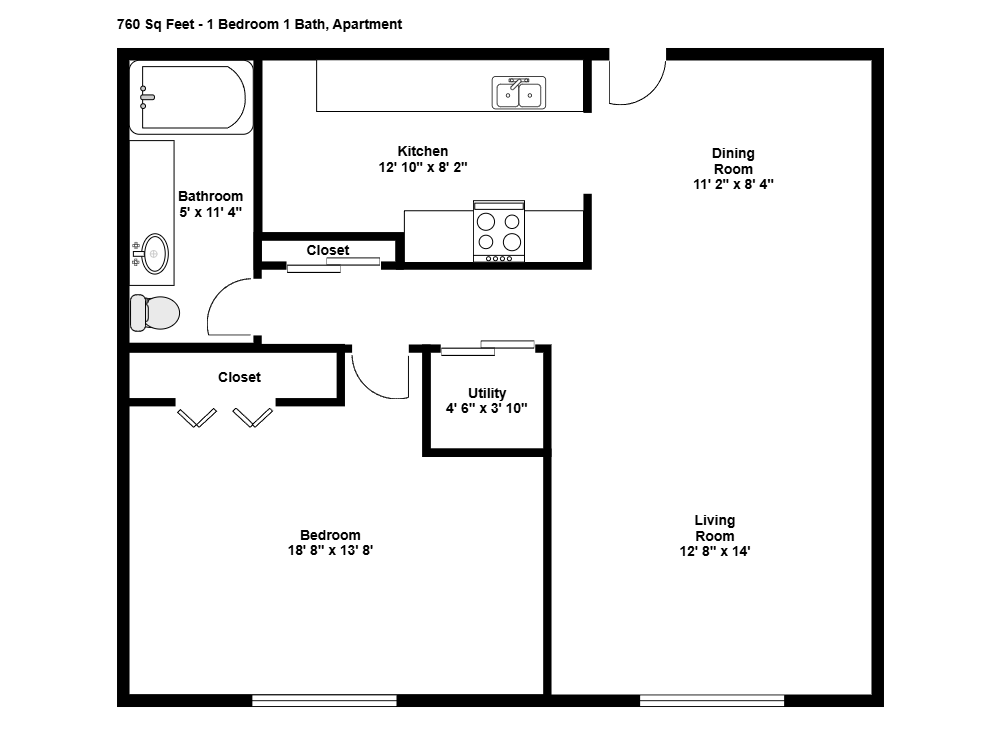 Example Image: 1 Bedroom 1 Bath Apartment Floor Plan