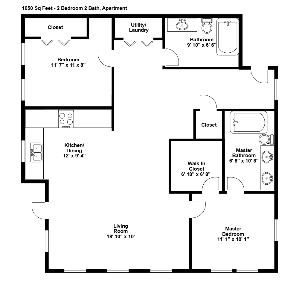 Example Image: 2 Bedroom 2 Bath Apartment Floor Plan
