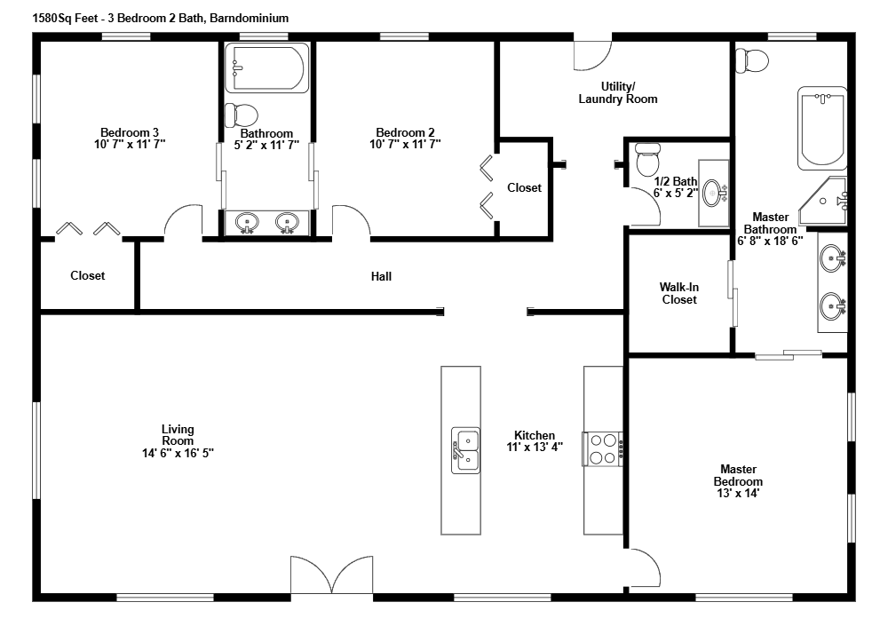 Example Image: 3 Bedroom 2 Bath Barndominium House Plan