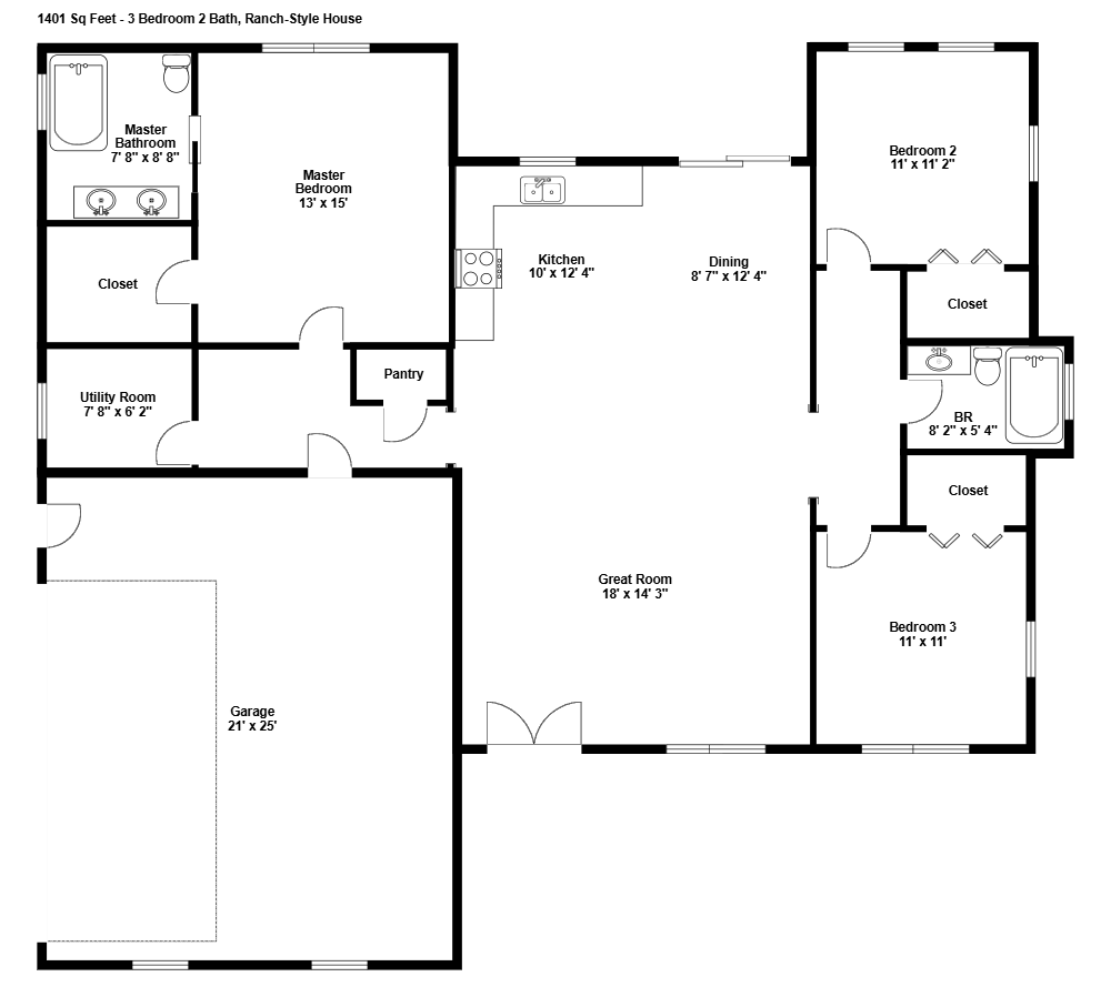 Example Image: 3 Bedroom 2 Bath Contemporary Ranch House Plan with Garage