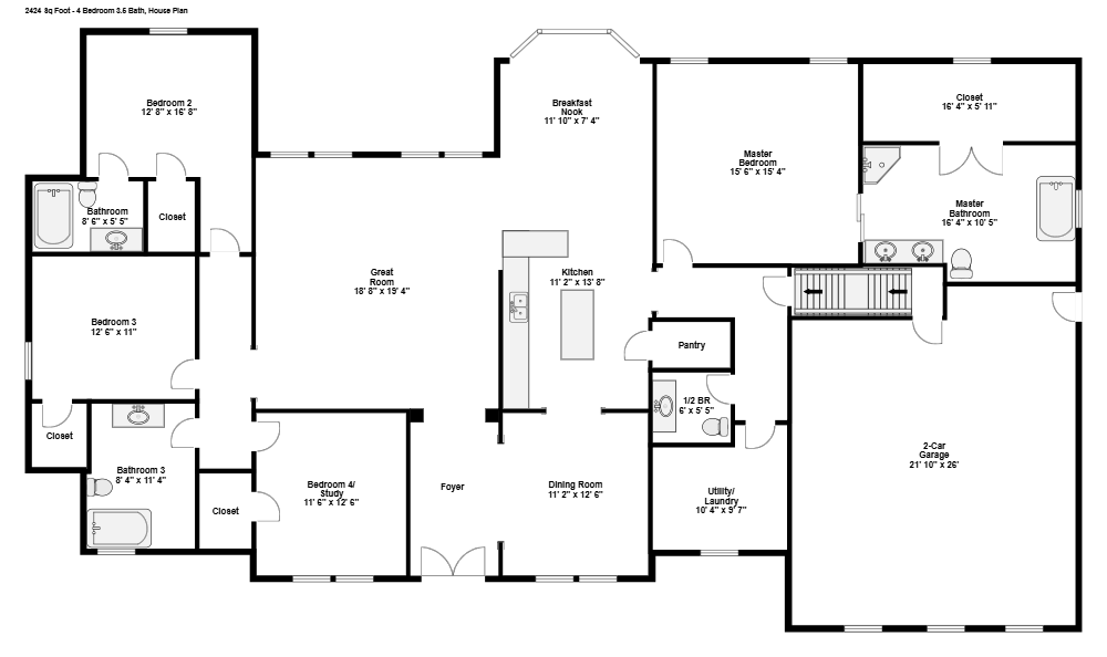 Example Image: 4 Bedroom 3.5 Bath Contemporary Ranch House Floor Plan