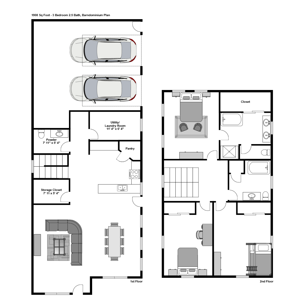 Example Image: Barndominium Floor Plan - 3 Bed 2 and Half Bath
