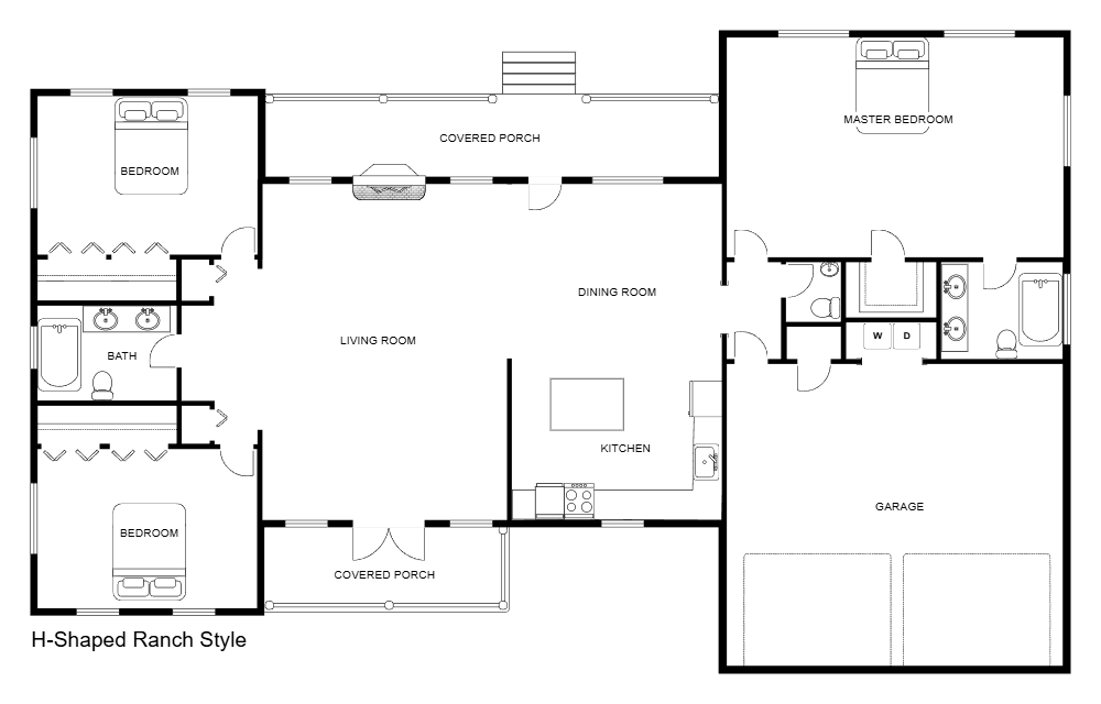 Example Image: H-Shaped Ranch Style House Plan