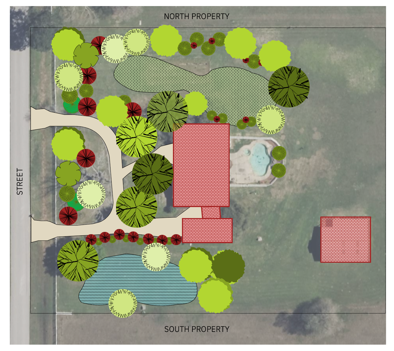 Landscape drawing symbols on top of satellite image