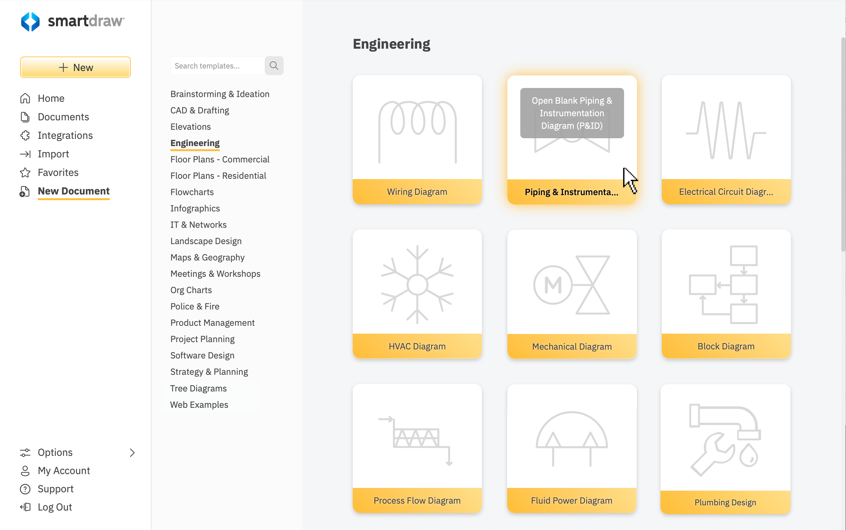 SmartDraw dashboard with piping template selected
