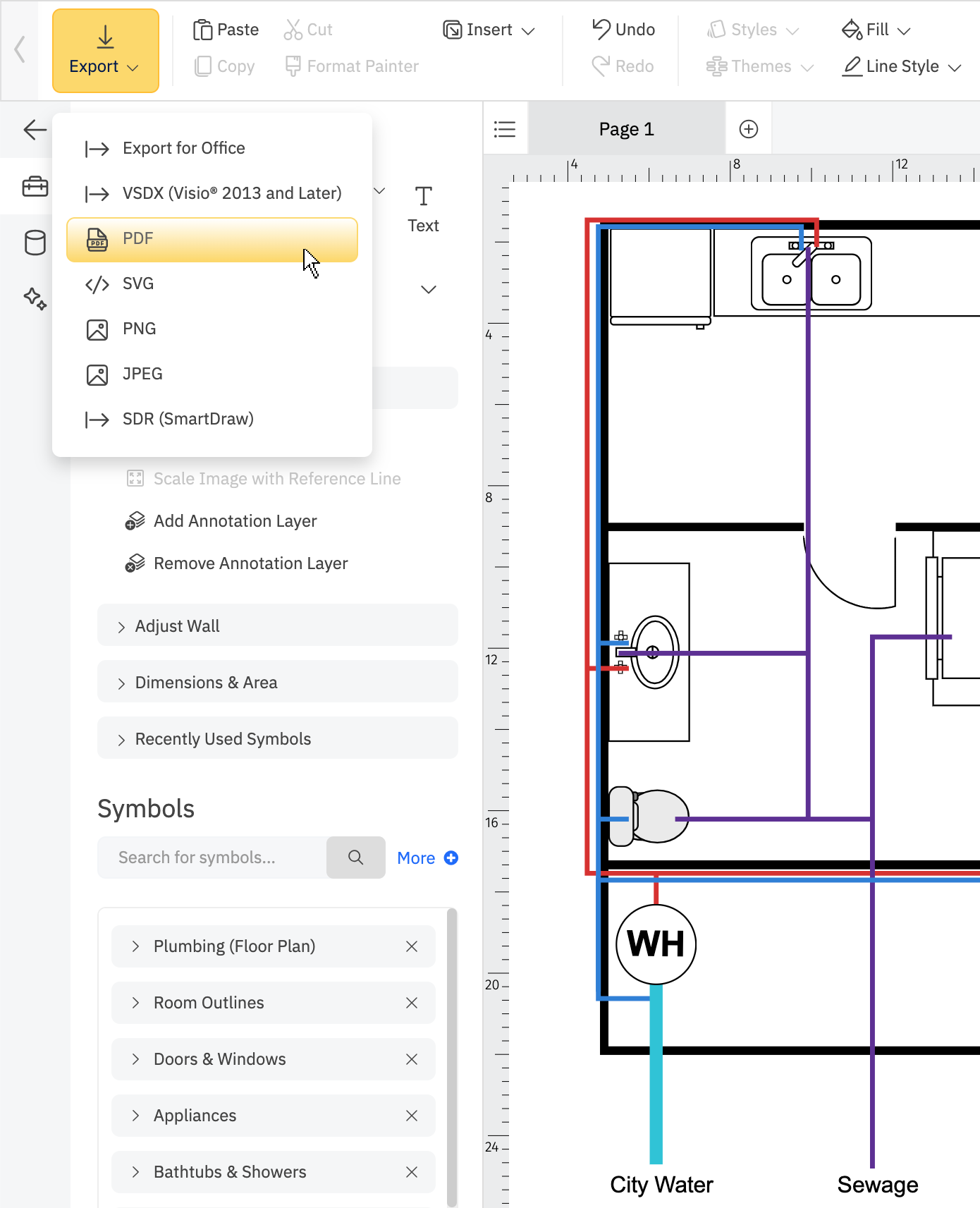 Plumbing drawing export options menu