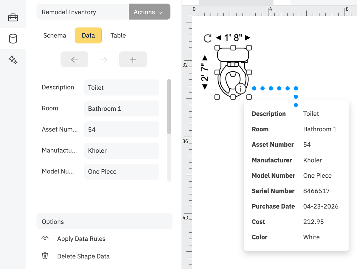 Applying data to plumbing elements